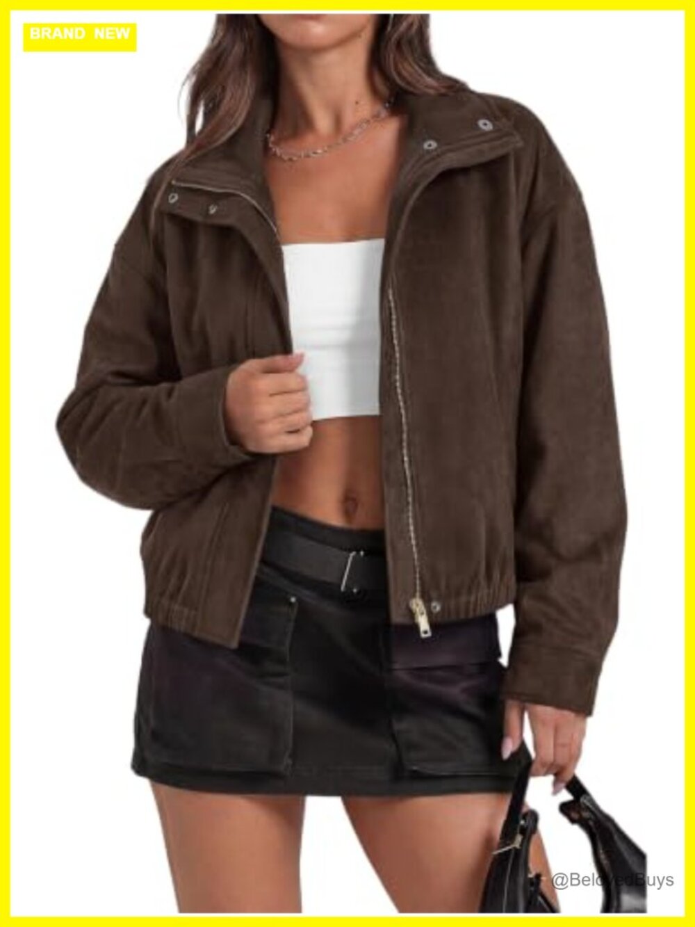 Faux Suede Bomber Jacket Lapel Collar Long Sleeve Zip Up